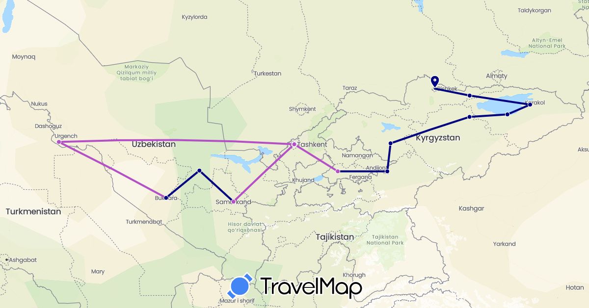 TravelMap itinerary: driving, train in Kyrgyzstan, Uzbekistan (Asia)